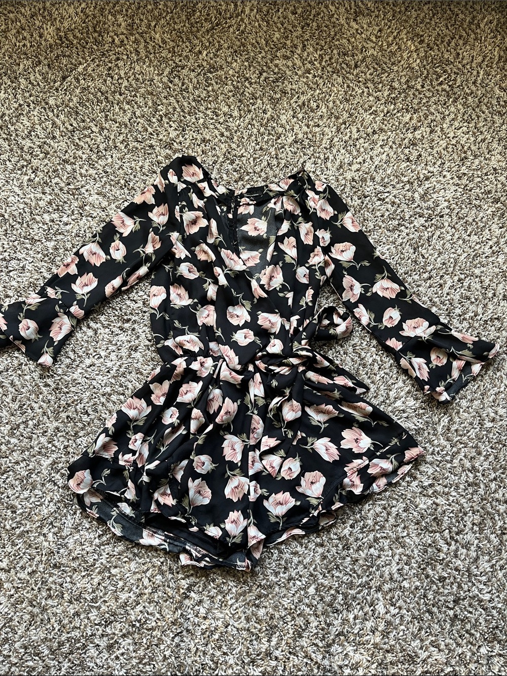Black Floral Wrap Romper - Pink Blossom Print